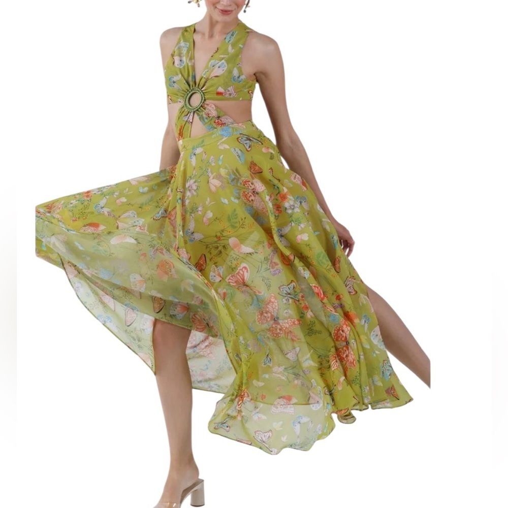 My Beachy Side Butterfly Cut Out Maxi Dress Romantic Antique Moss Size S NWT